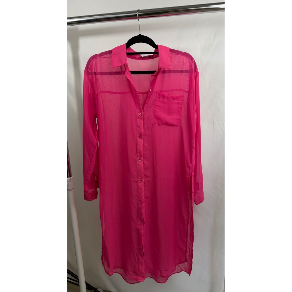 Moa Moa Hot Pink Sheer Button Down Shirt Dress Swim Cover Up Tunic Womens Medium